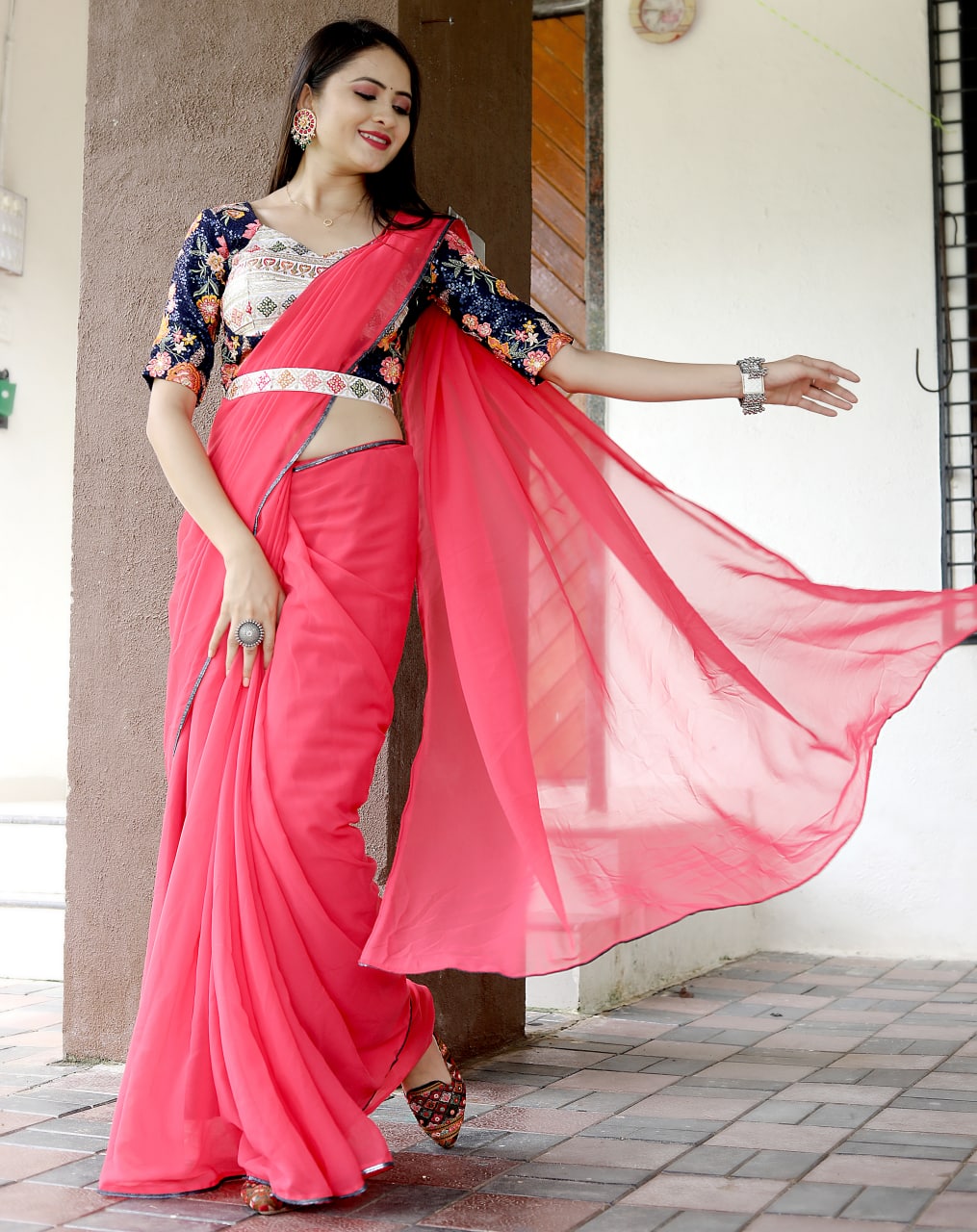 Trending Designer Party Wear Gajari Saree With Stitched Blouse