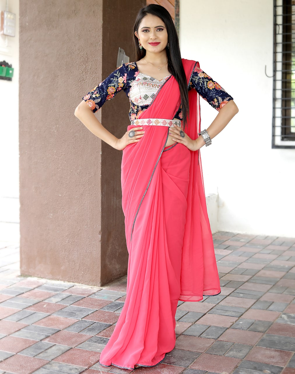 Trending Designer Party Wear Gajari Saree With Stitched Blouse