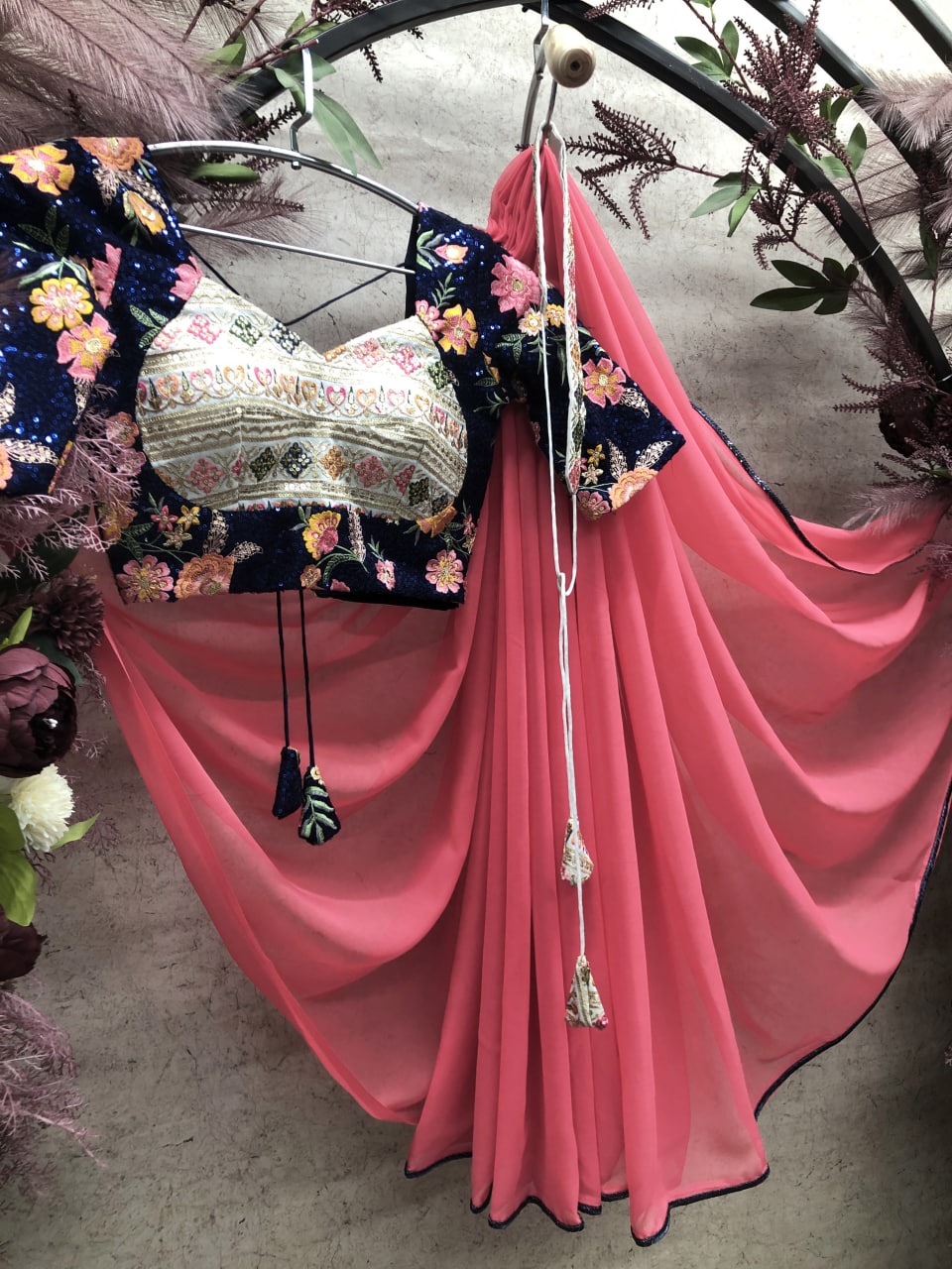 Trending Designer Party Wear Gajari Saree With Stitched Blouse