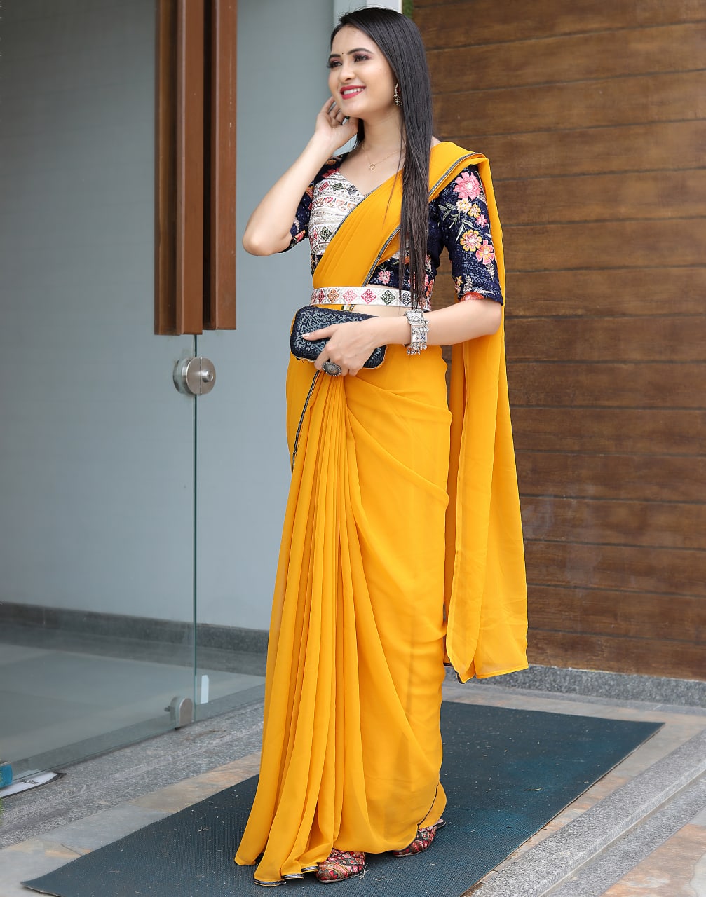 Trending Designer Party Wear Yellow Saree With Stitched Blouse