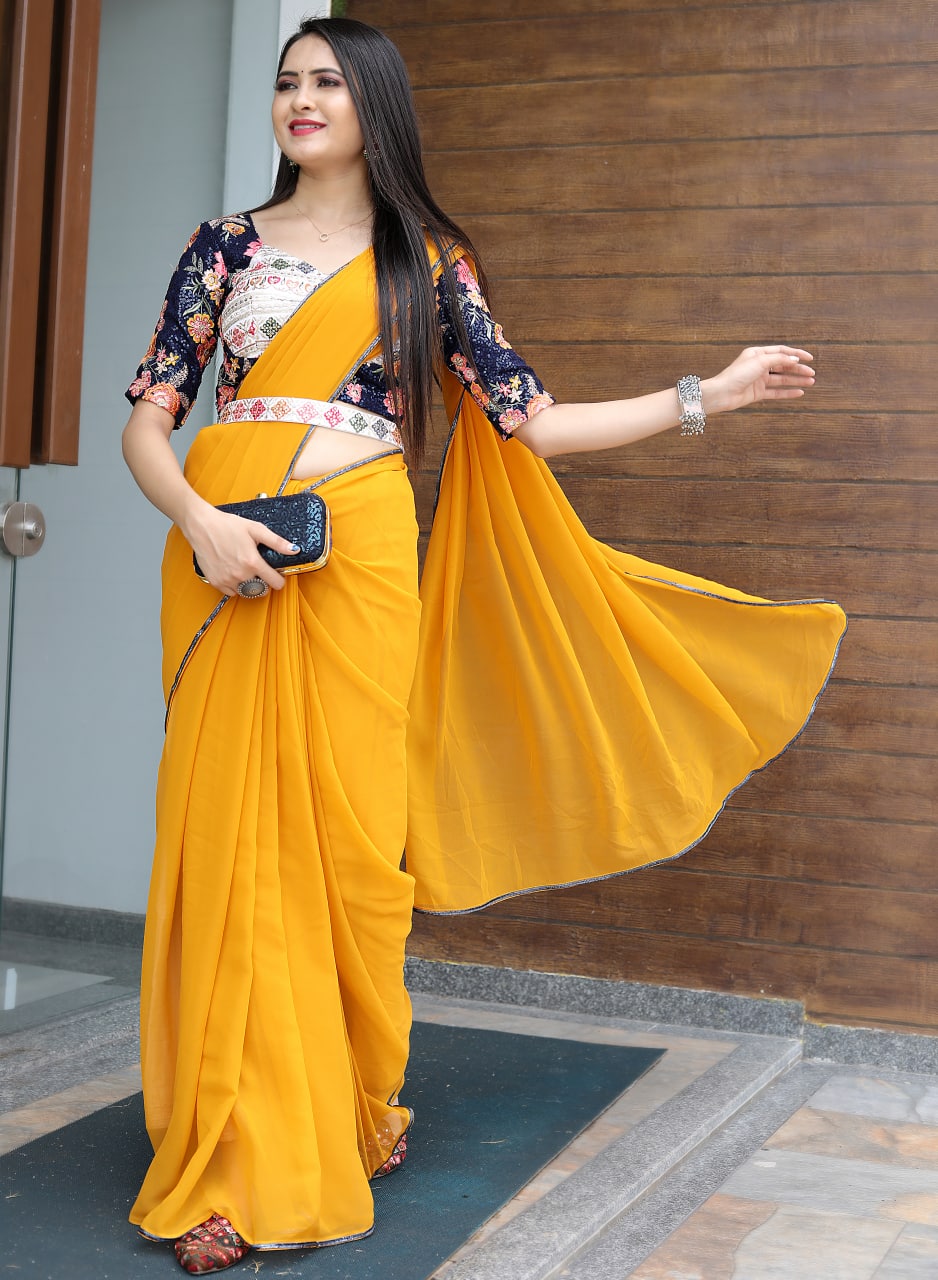 Trending Designer Party Wear Yellow Saree With Stitched Blouse