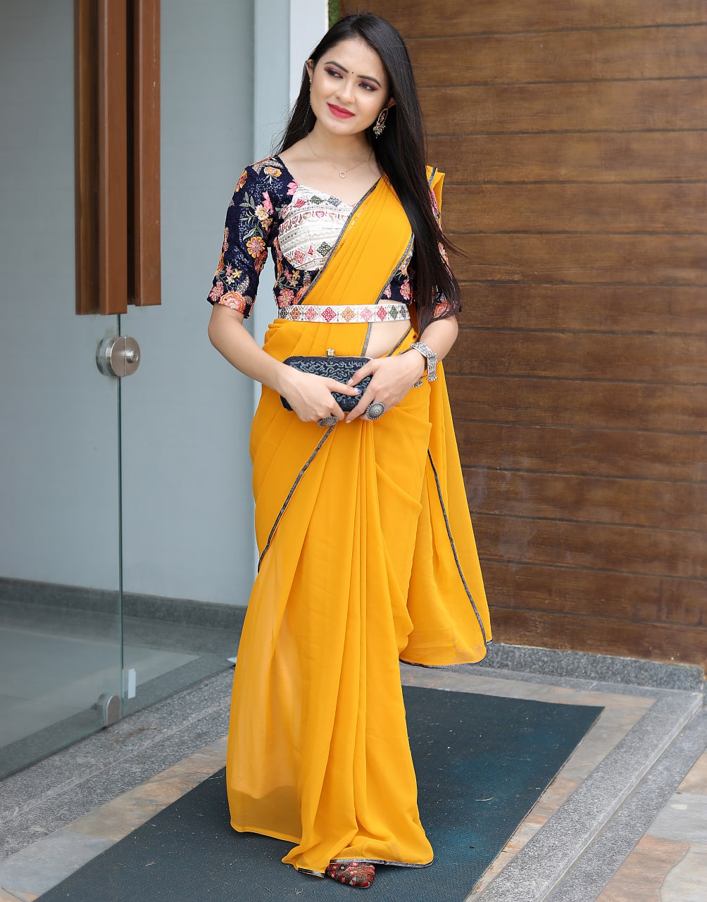 Trending Designer Party Wear Yellow Saree With Stitched Blouse