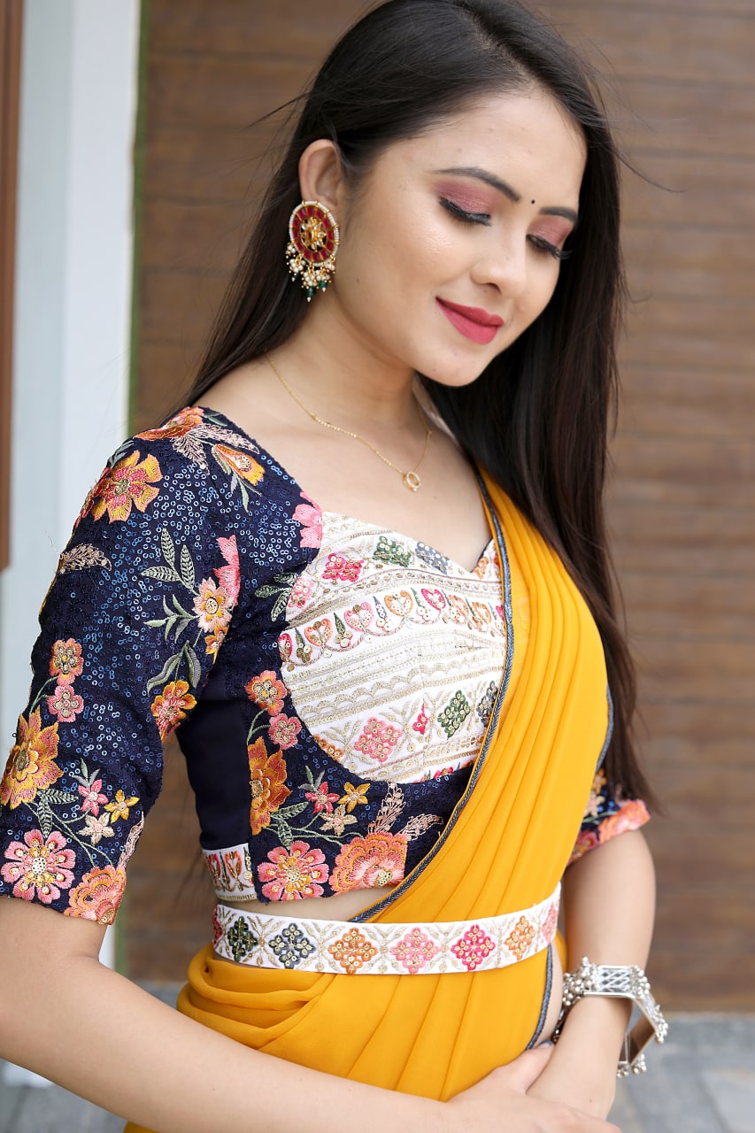Trending Designer Party Wear Yellow Saree With Stitched Blouse