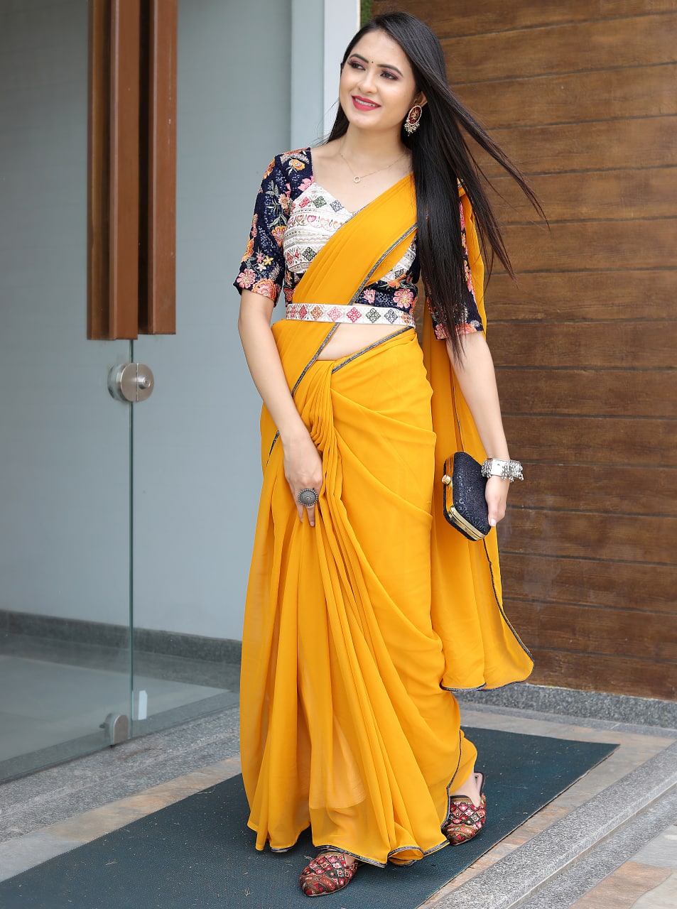 Trending Designer Party Wear Yellow Saree With Stitched Blouse