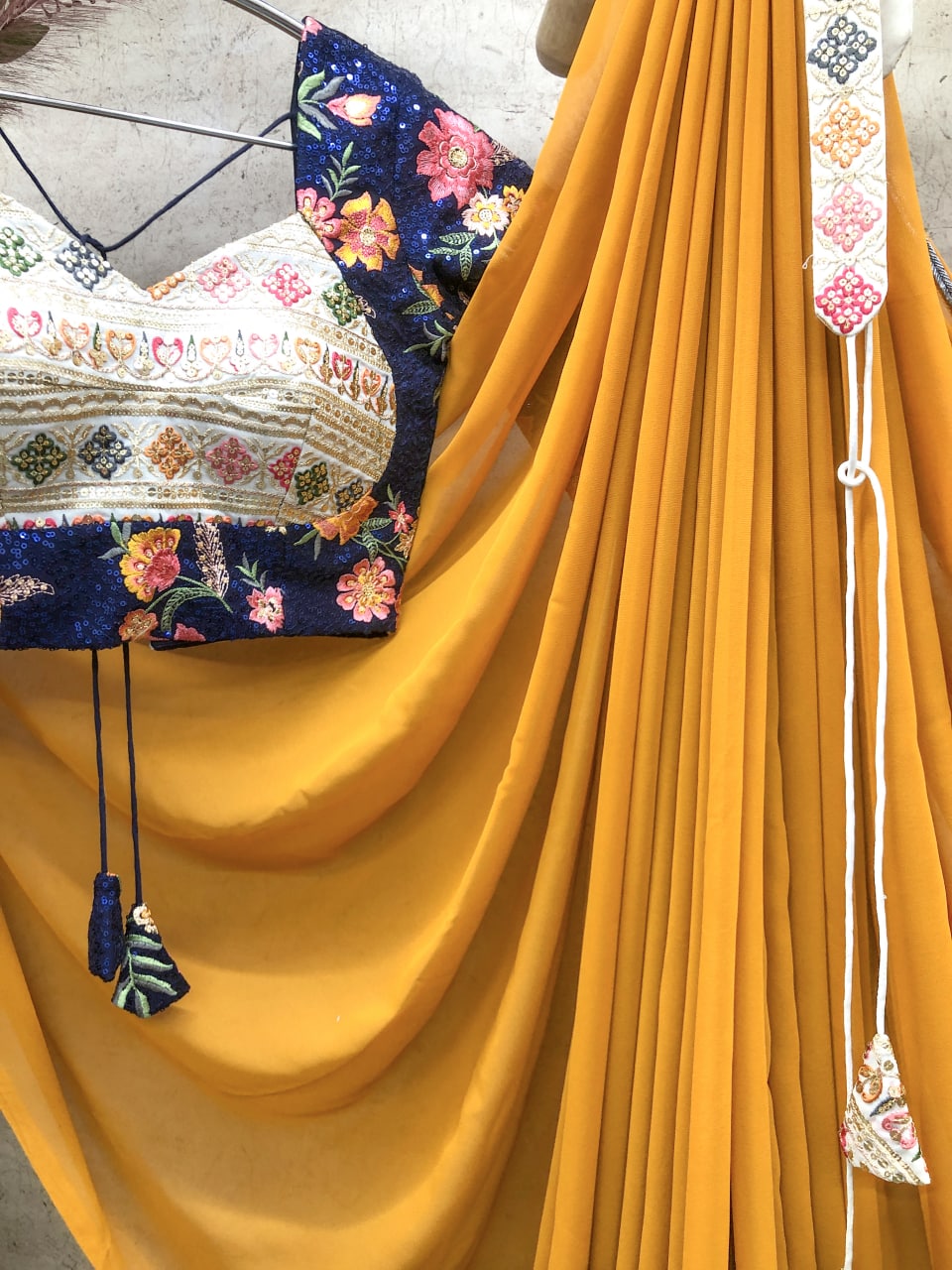 Trending Designer Party Wear Yellow Saree With Stitched Blouse