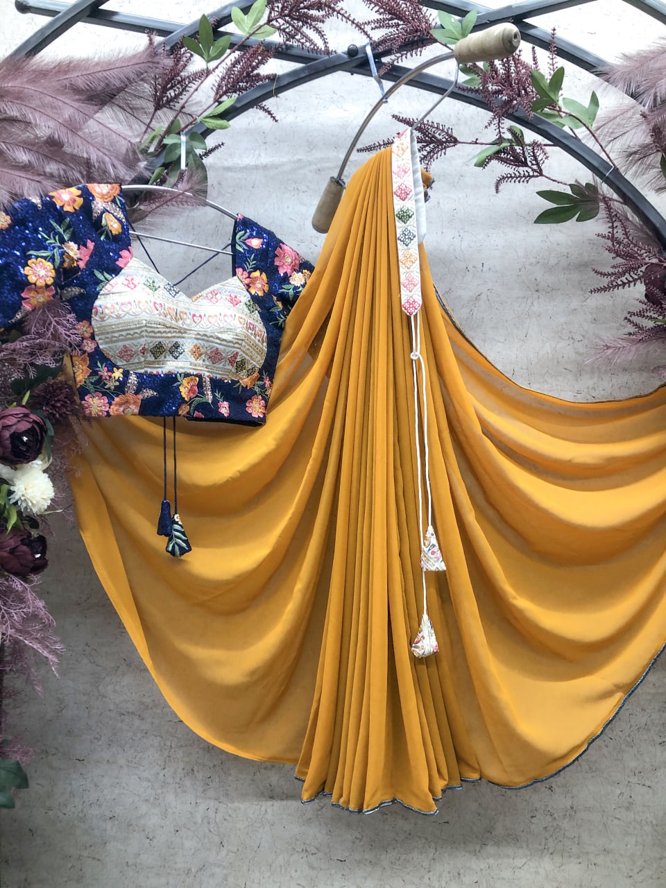 Trending Designer Party Wear Yellow Saree With Stitched Blouse