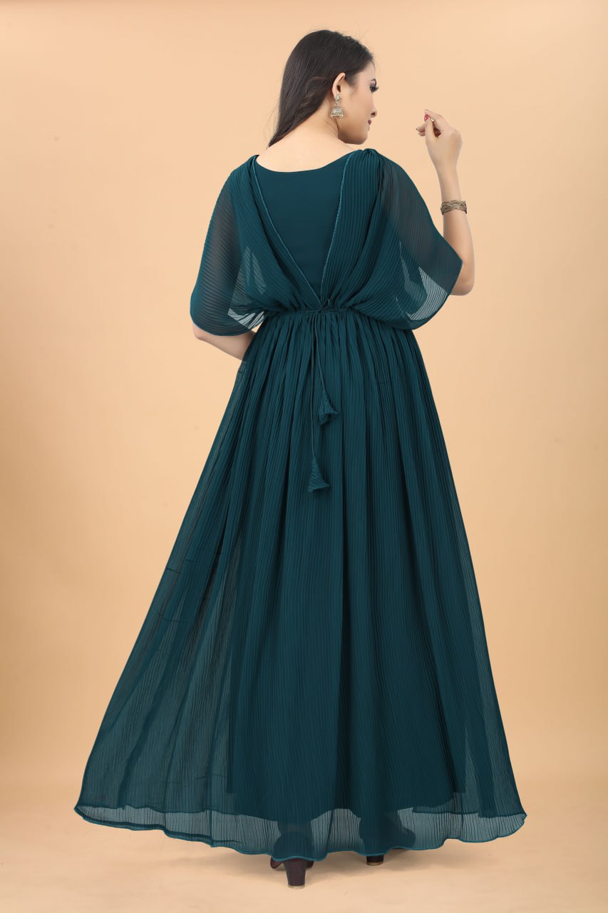 New Rama Colour Strappy Pleated Flared Gown