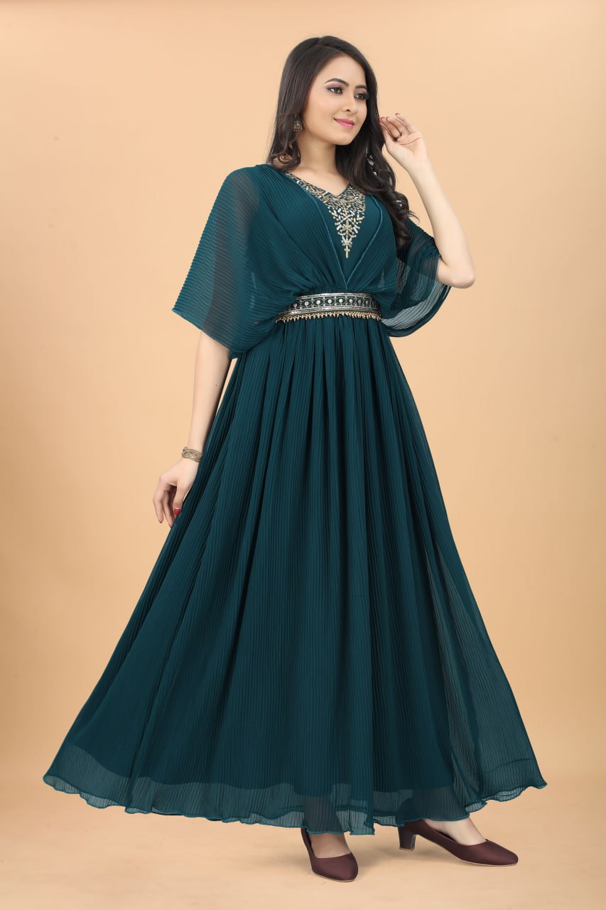 New Rama Colour Strappy Pleated Flared Gown