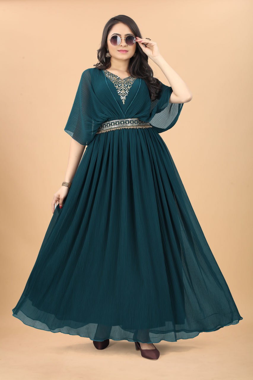 New Rama Colour Strappy Pleated Flared Gown