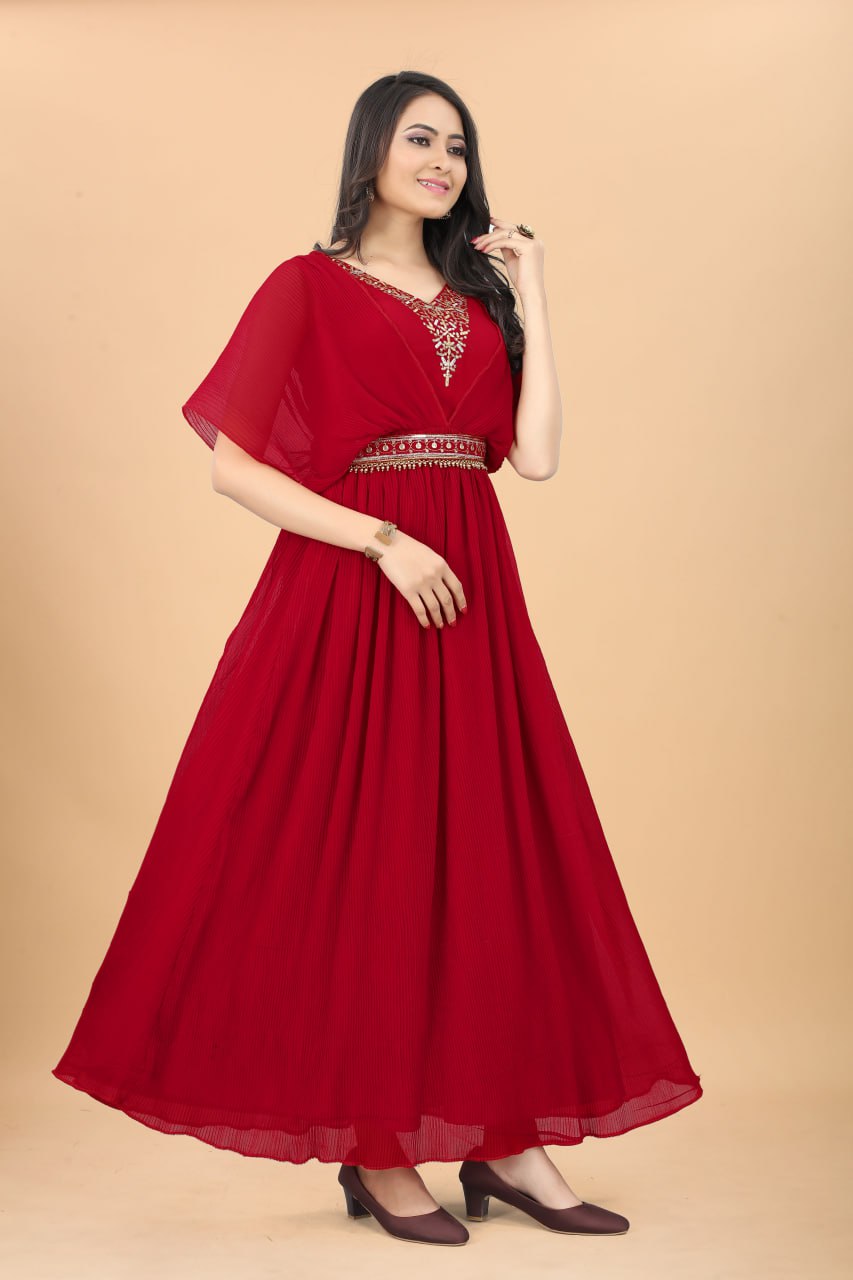 New Red Colour Strappy Pleated Flared Gown