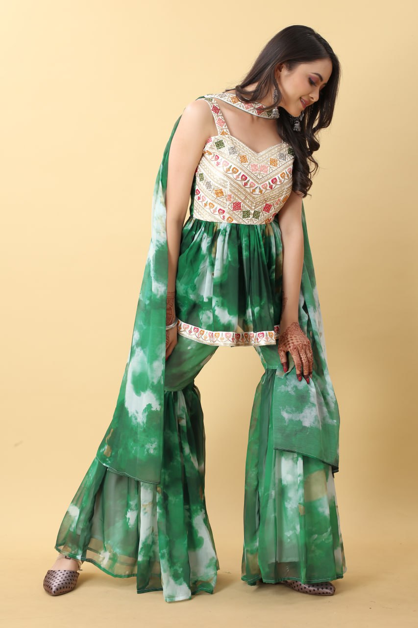 Georgette Cotton Green Heavy Embroidery Thread Sequence Work Sharara Set