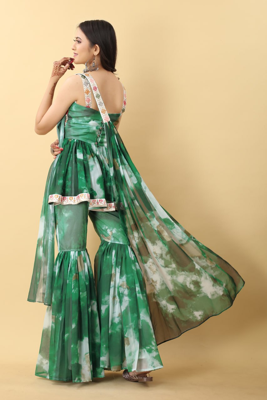 Georgette Cotton Green Heavy Embroidery Thread Sequence Work Sharara Set