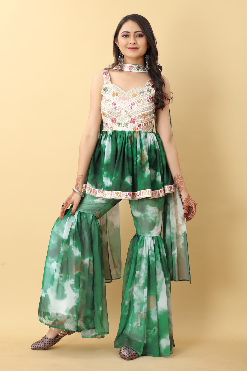 Georgette Cotton Green Heavy Embroidery Thread Sequence Work Sharara Set