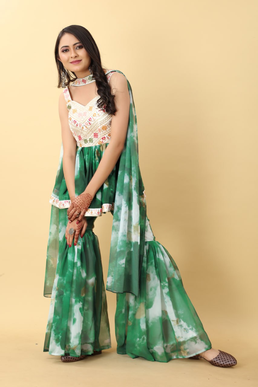 Georgette Cotton Green Heavy Embroidery Thread Sequence Work Sharara Set