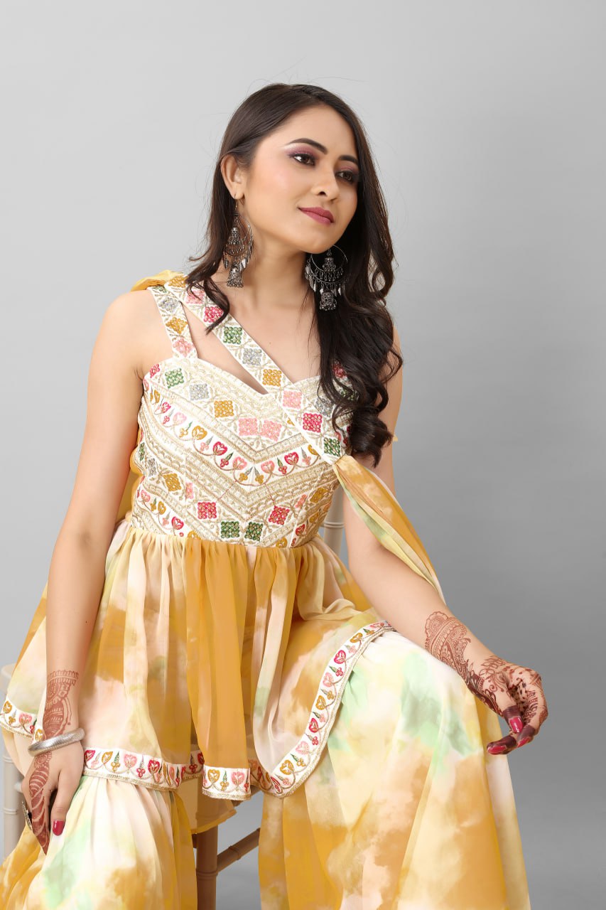 Georgette Cotton Yellow Heavy Embroidery Thread Sequence Work Sharara Set