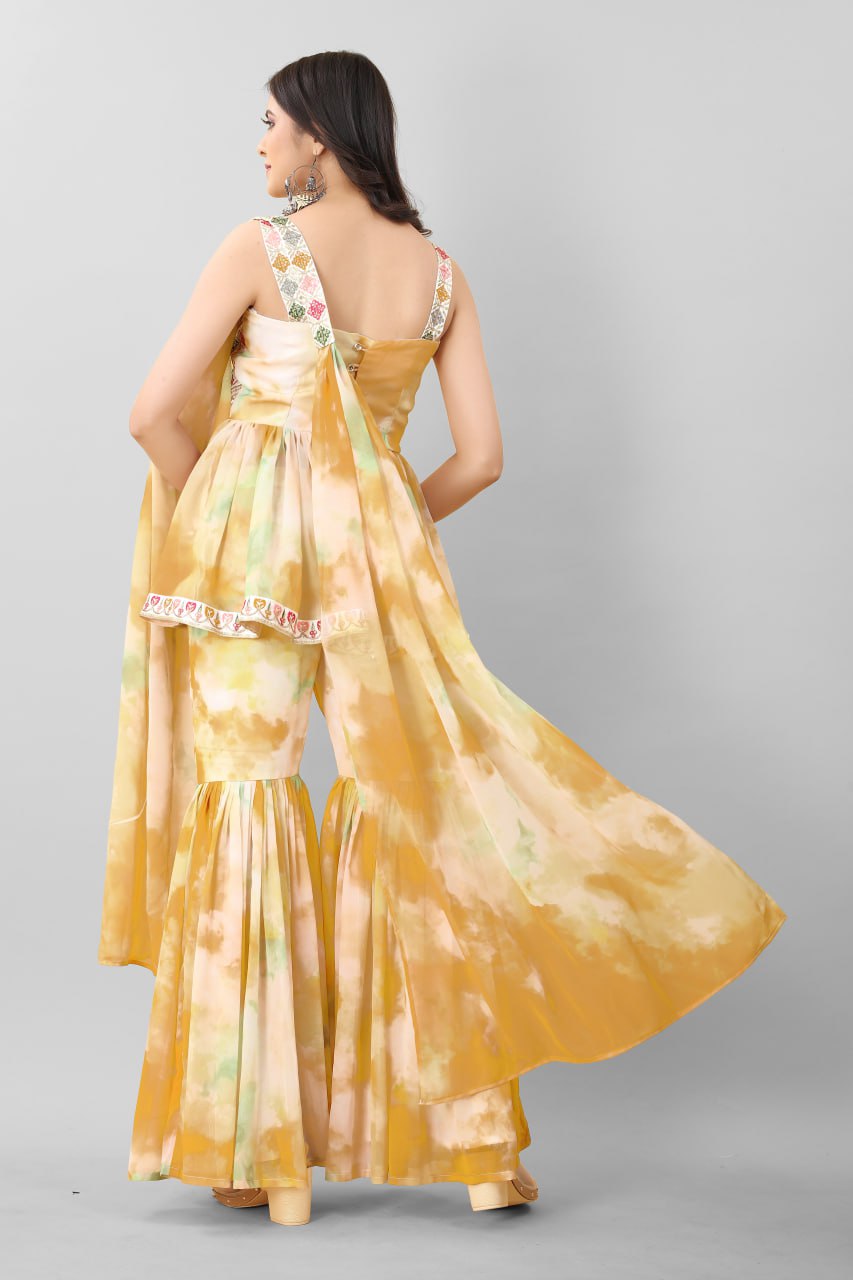 Georgette Cotton Yellow Heavy Embroidery Thread Sequence Work Sharara Set