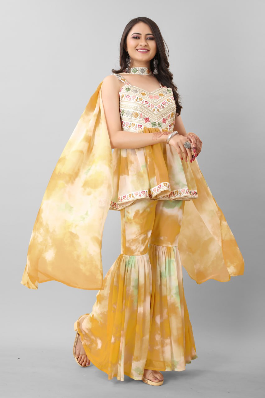 Georgette Cotton Yellow Heavy Embroidery Thread Sequence Work Sharara Set