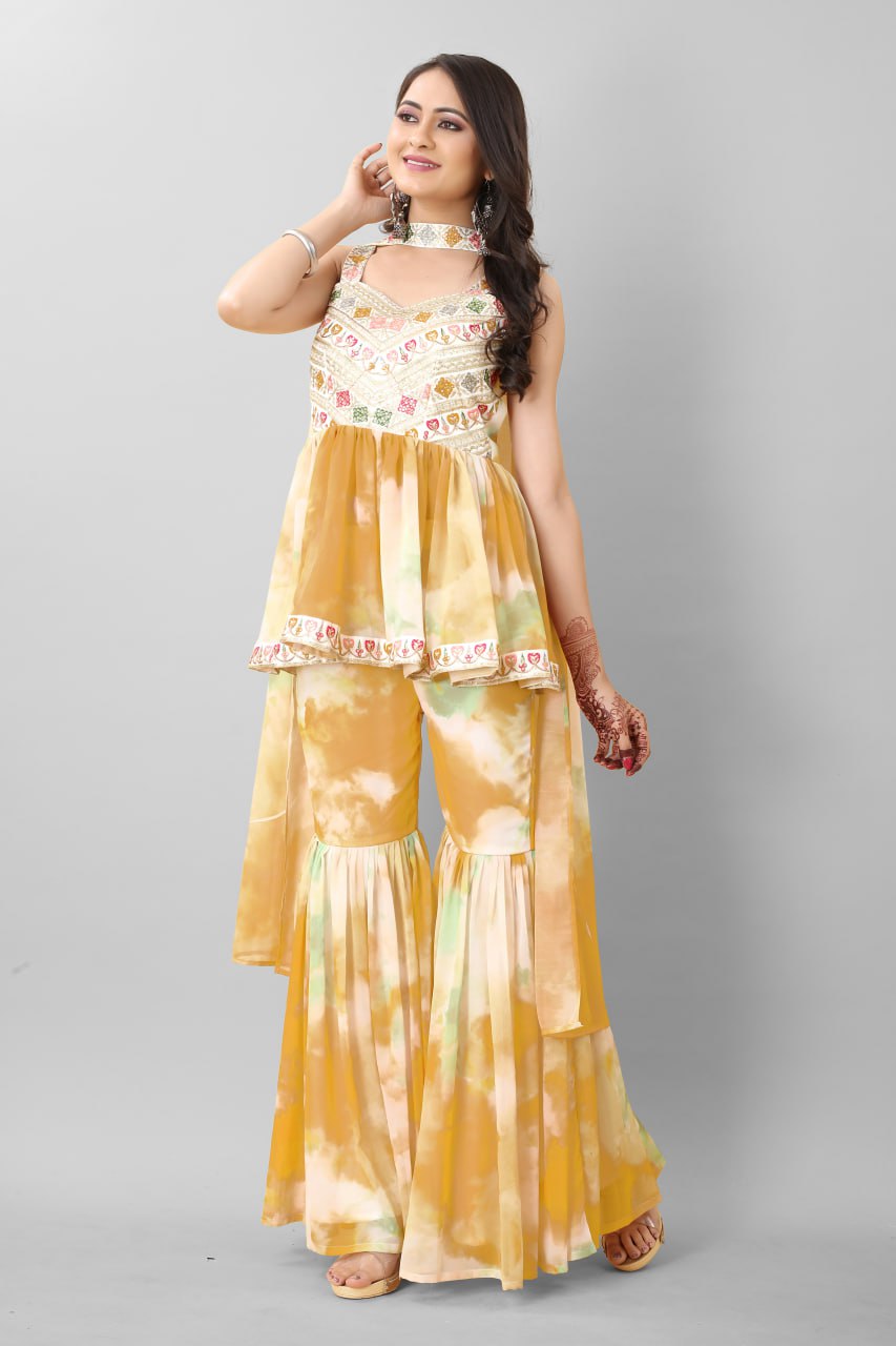 Georgette Cotton Yellow Heavy Embroidery Thread Sequence Work Sharara Set