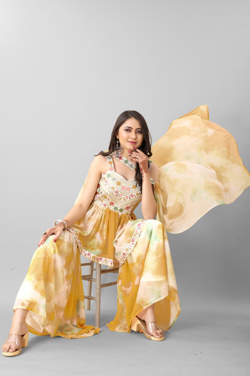 Georgette Cotton Yellow Heavy Embroidery Thread Sequence Work Sharara Set