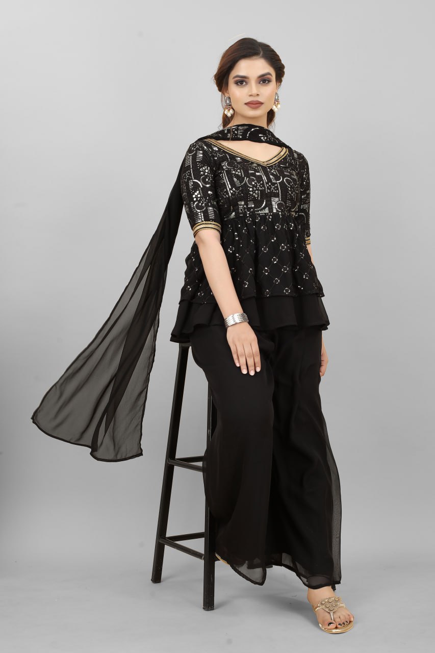 Black Forest Georgette Heavy Embroidery Thread Farari Sharara Set