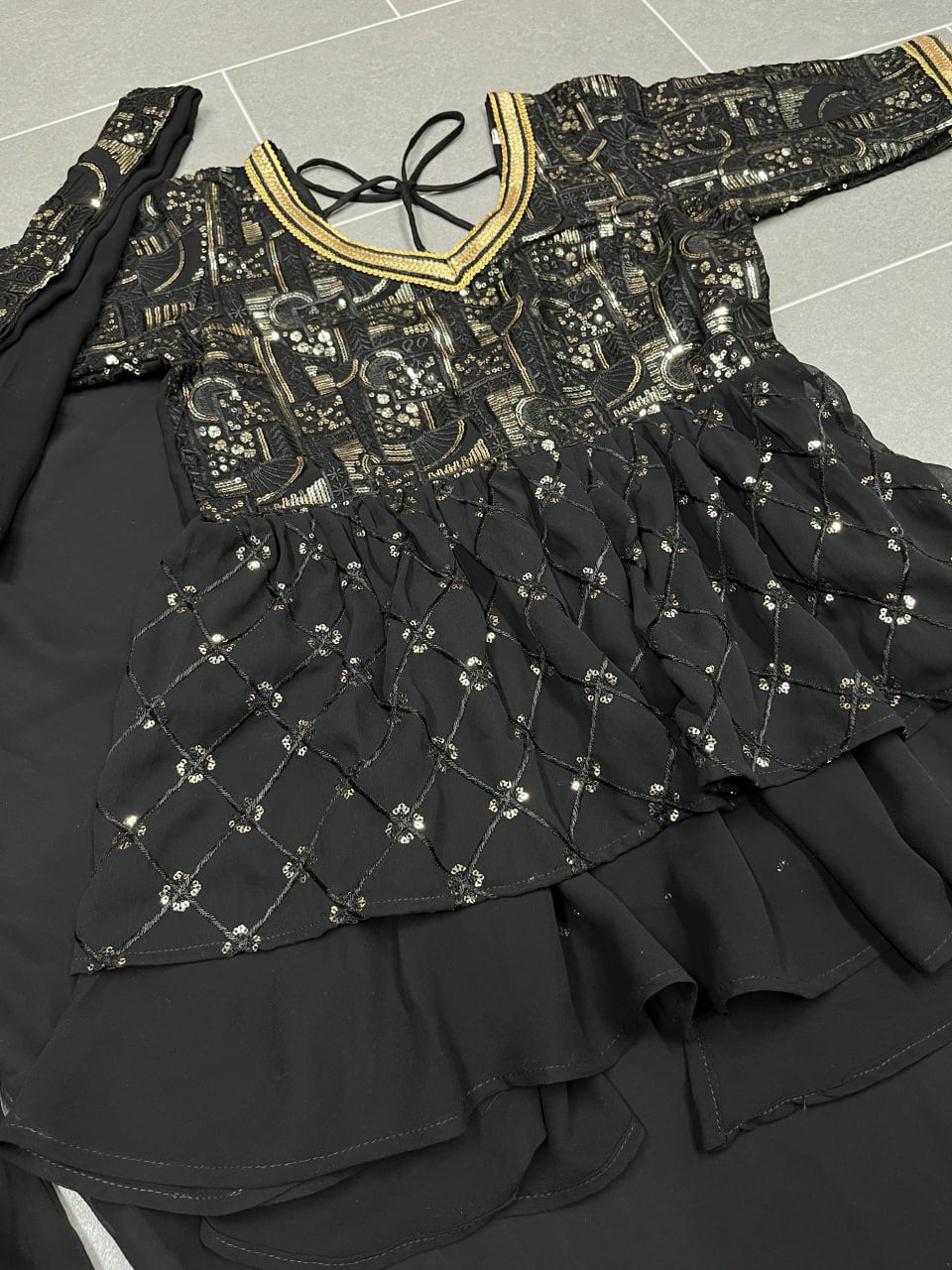 Black Forest Georgette Heavy Embroidery Thread Farari Sharara Set