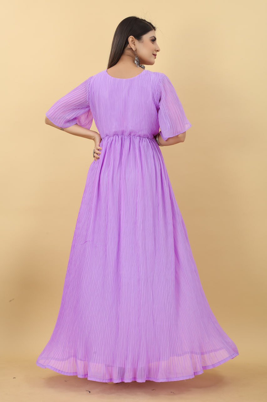 Light Purple Colour Pleated Georgette Designer Emerald Gown
