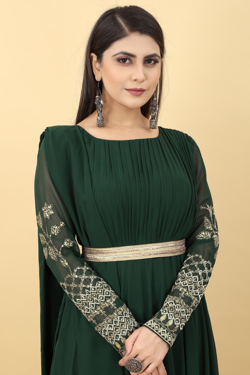 Designer Hunter Green Georgette Zari Sequence Embroidery Work Party Special Frill Gown