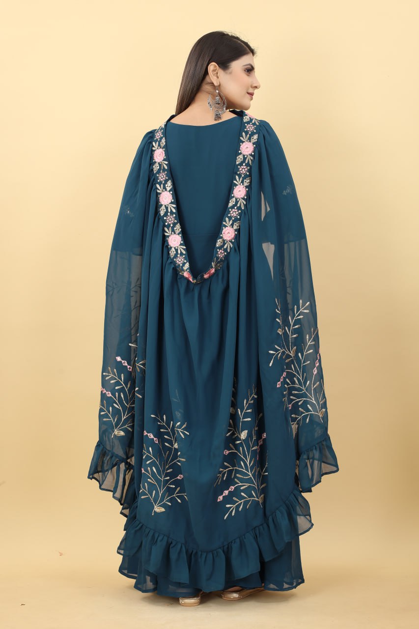 Designer Rama Blue Colour Georgette 3 Style Gown FullyStitch