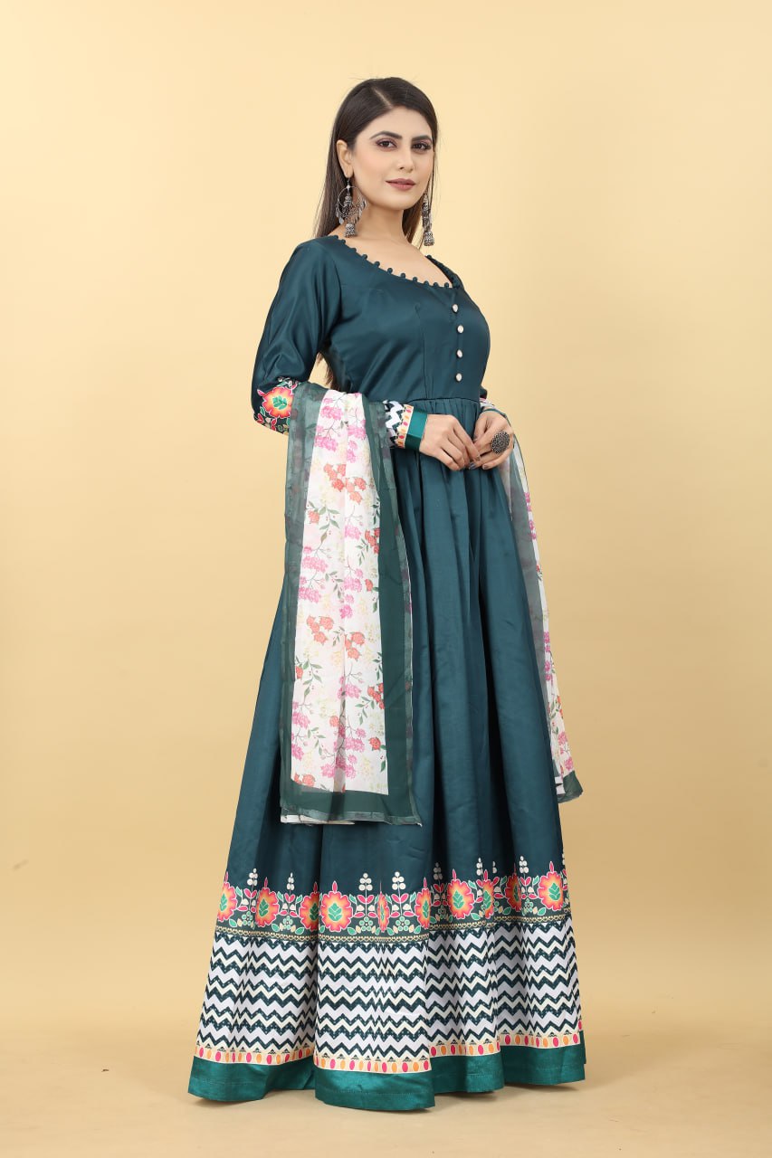 Heavy Rama Colour Digital Printed Full Length With Gher Full Sleeve With Dupatta Zig- Zag Gown