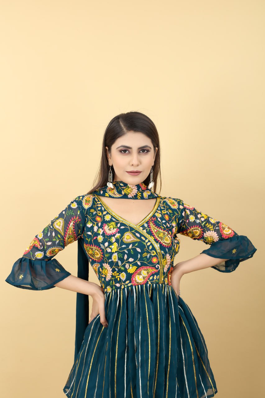 Mango Cocktail Rama Colour Georgette Plazzo Top With Dupatta Fullystitch