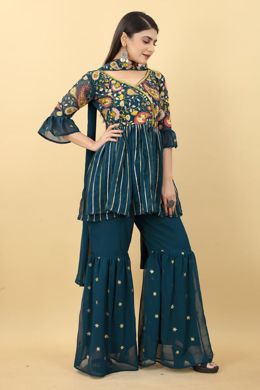 Mango Cocktail Rama Colour Georgette Plazzo Top With Dupatta Fullystitch