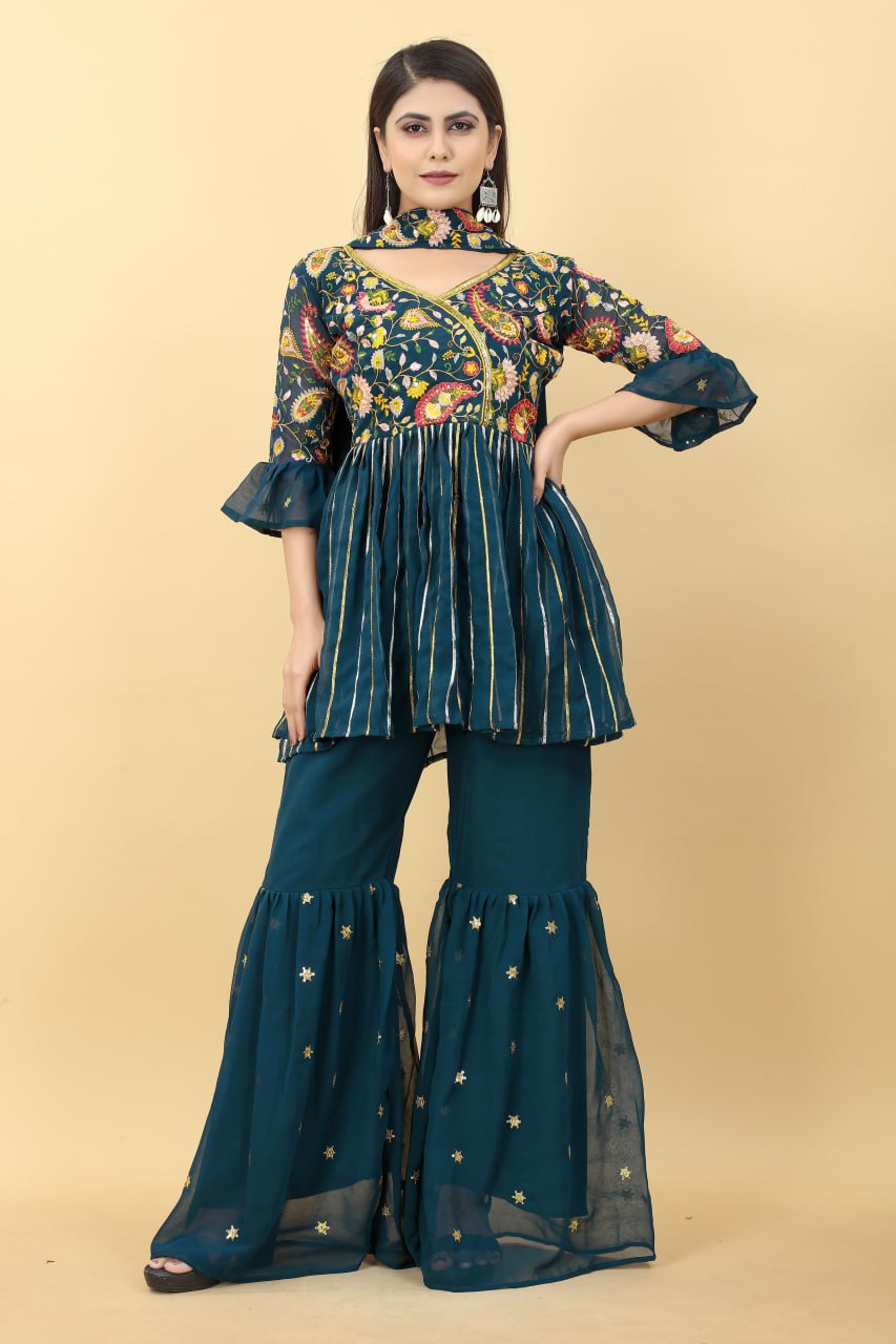 Mango Cocktail Rama Colour Georgette Plazzo Top With Dupatta Fullystitch