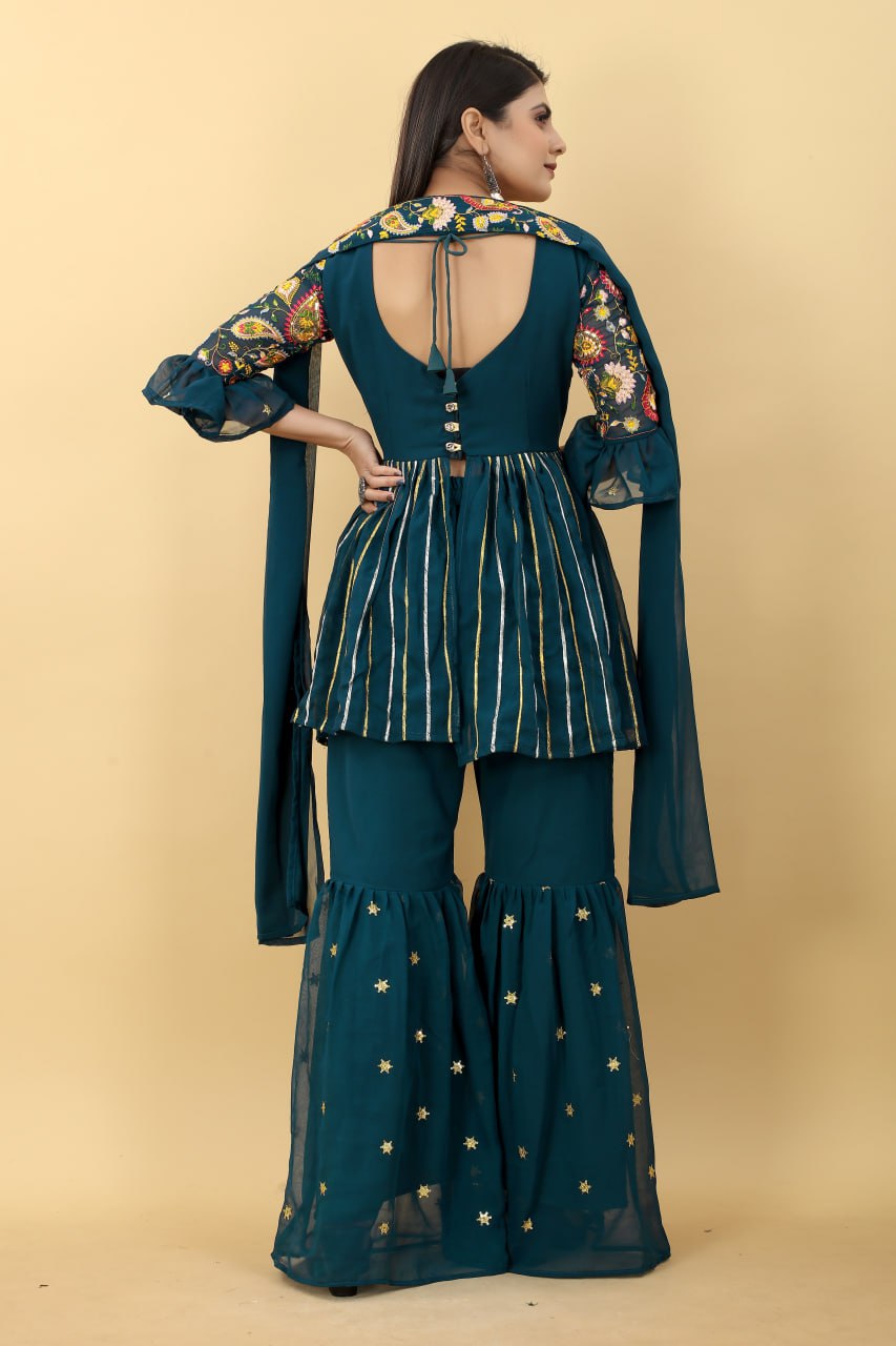 Mango Cocktail Rama Colour Georgette Plazzo Top With Dupatta Fullystitch