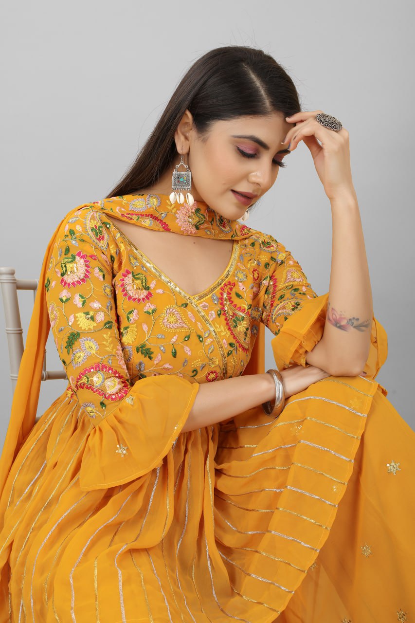 Mango Cocktail Mustard Colour Georgette Plazzo Top With Dupatta Fullystitch