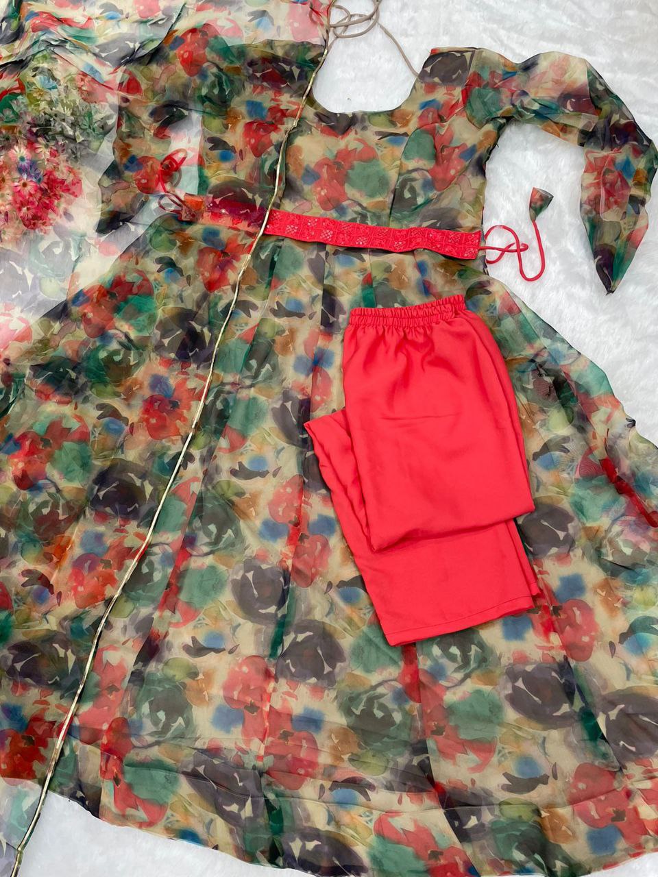 Digitally Printed Pure Soft Organza Anarkali Suit With Huge Flair Comes With Duppatta N Pant