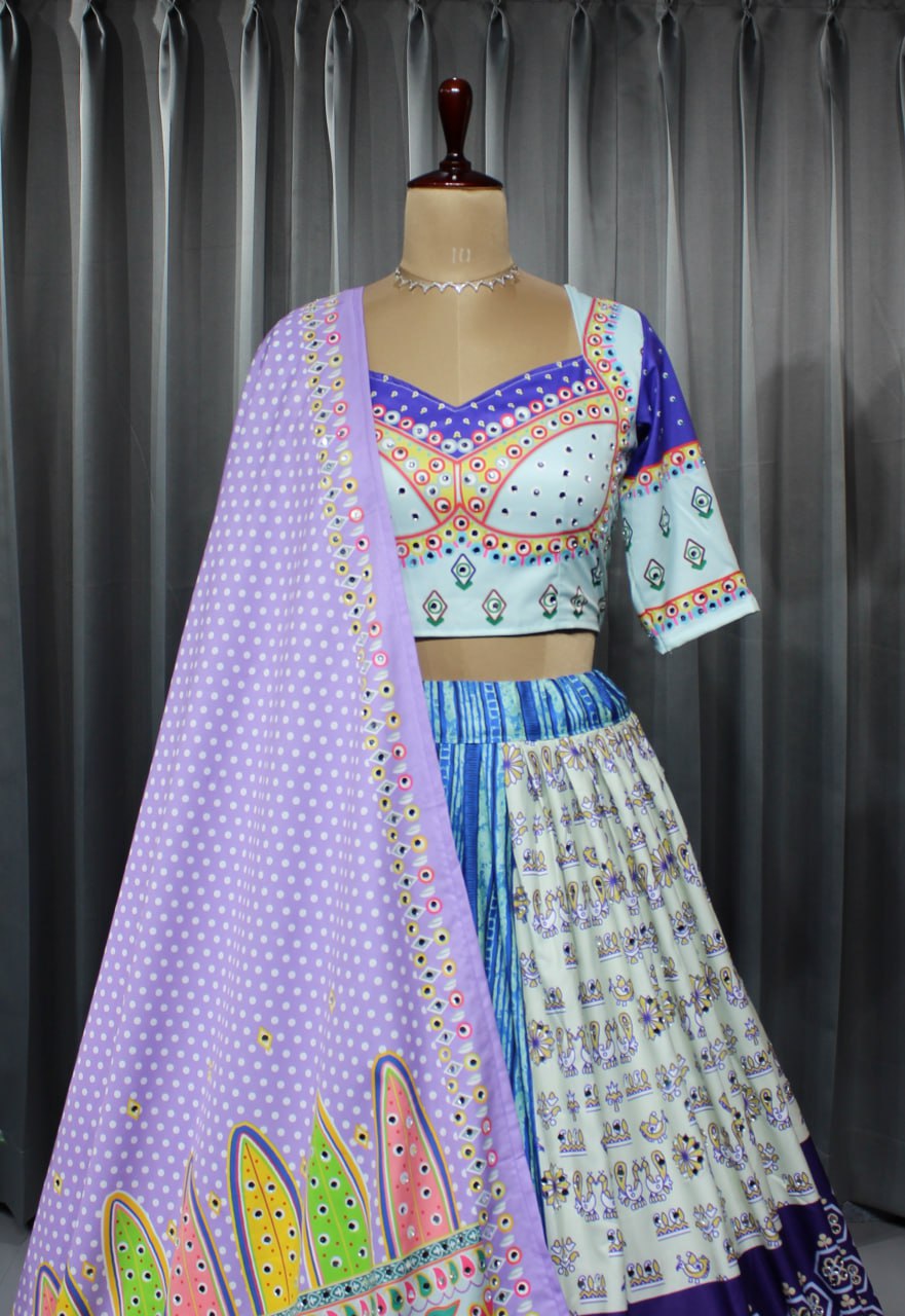 Blue Colour Fancy Digital Printed Work Lahenga Choli With Dupatta