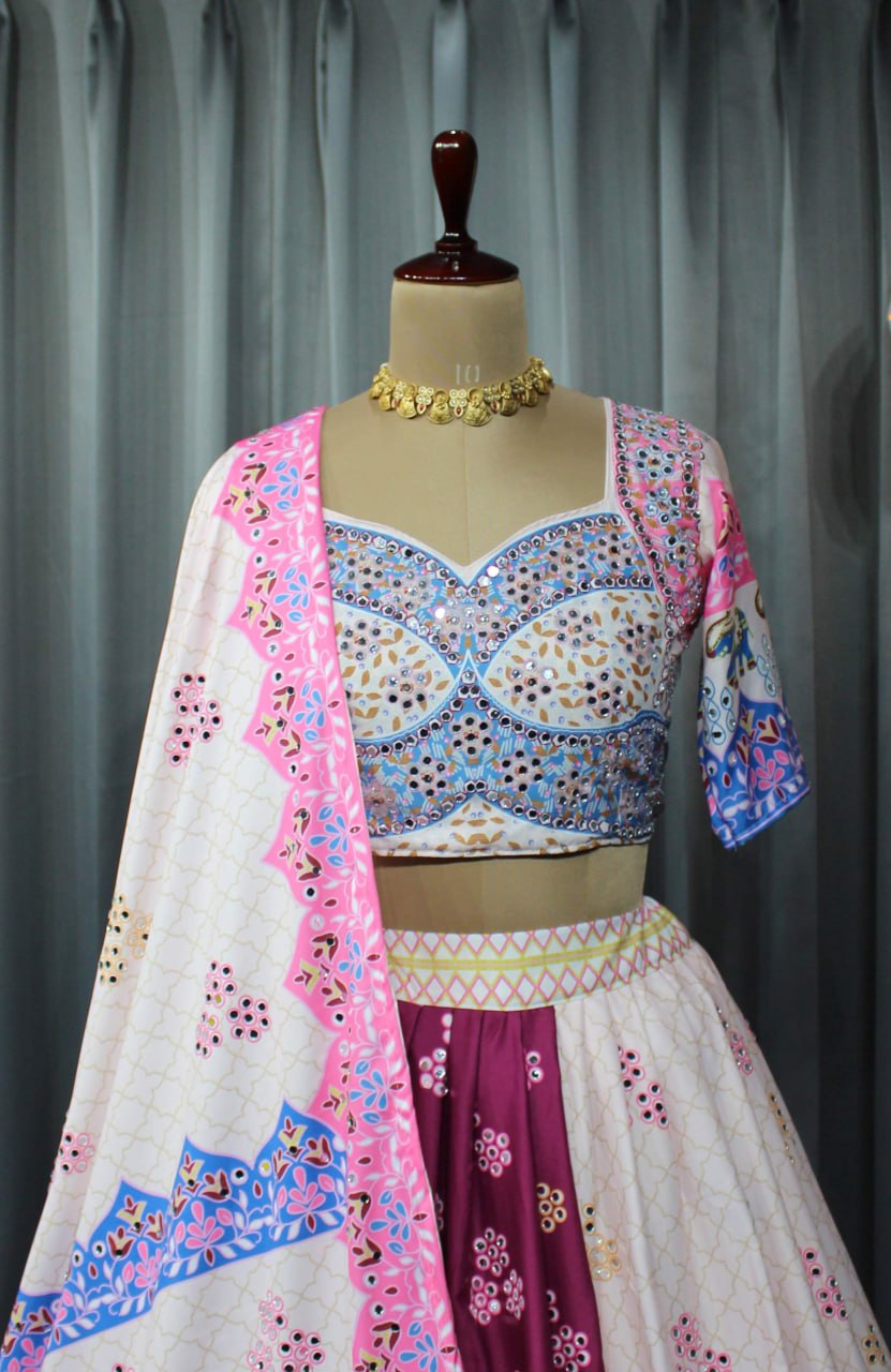 White Colour Fancy Digital Printed Work Lahenga Choli With Dupatta