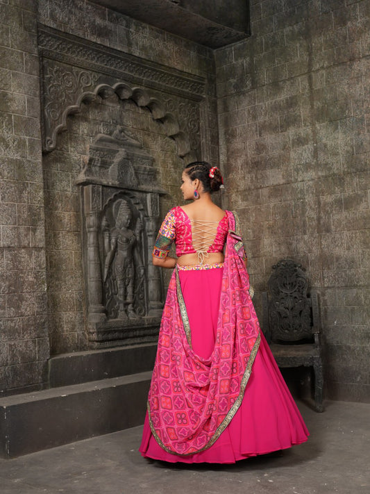 Pink Colour Thread Embroidery Work Navratri Special Lehenga Choli Full Stiched