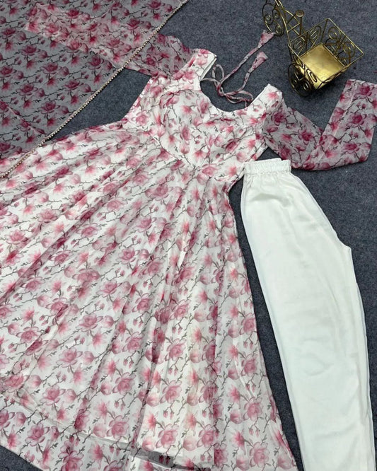 Digitally Printed Pure Soft Organza Anarkali Suit With Huge Flair Comes With Duppatta N Pant