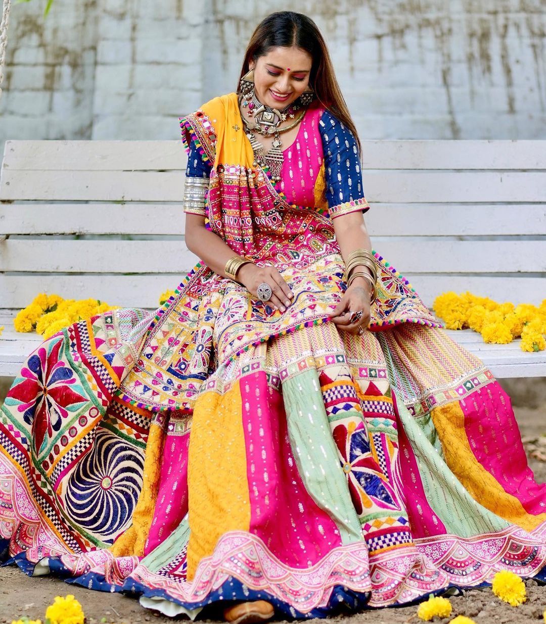Pink Yellow Colour Fancy Digital Print Work And Real Mirror Work Navratri Lehenga Choli