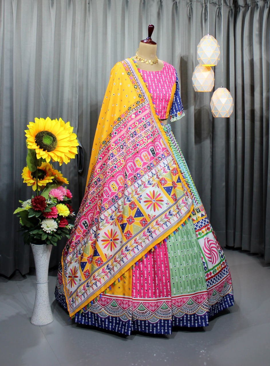 Pink Yellow Colour Fancy Digital Print Work And Real Mirror Work Navratri Lehenga Choli