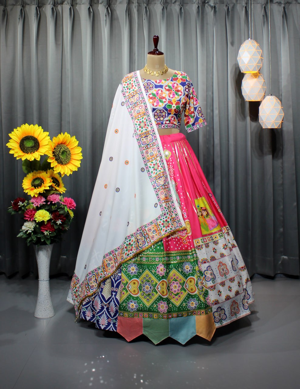 Pink Colour Fancy Digital Print Work And Real Mirror Work Navratri Lehenga Choli