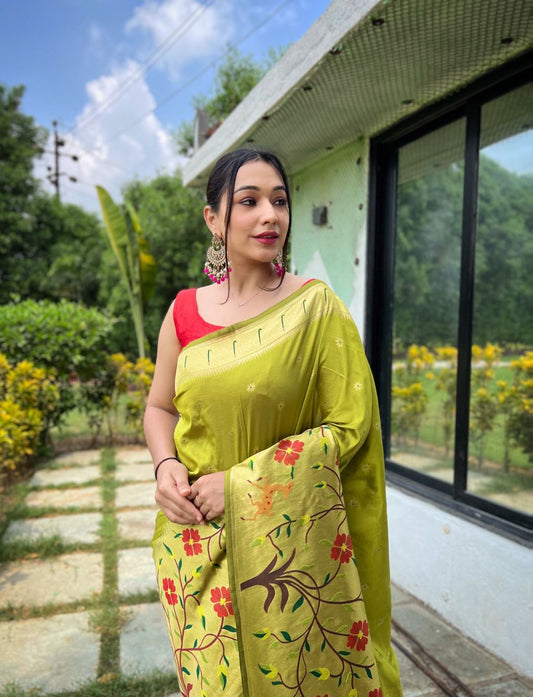 Olive Green Paithani Big Border Woven Saree