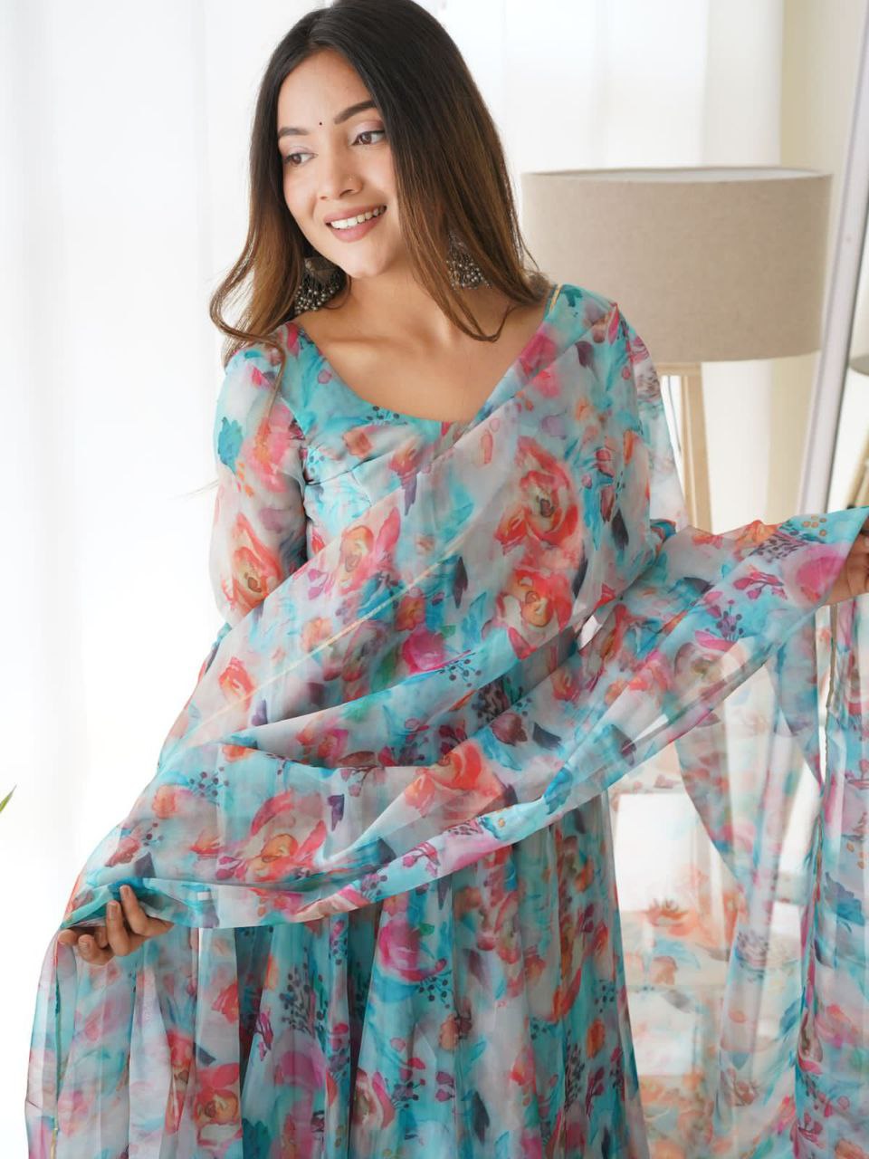 Digitally Printed Pure Soft Organza Anarkali Suit With Huge Flair Comes With Duppatta N Pant