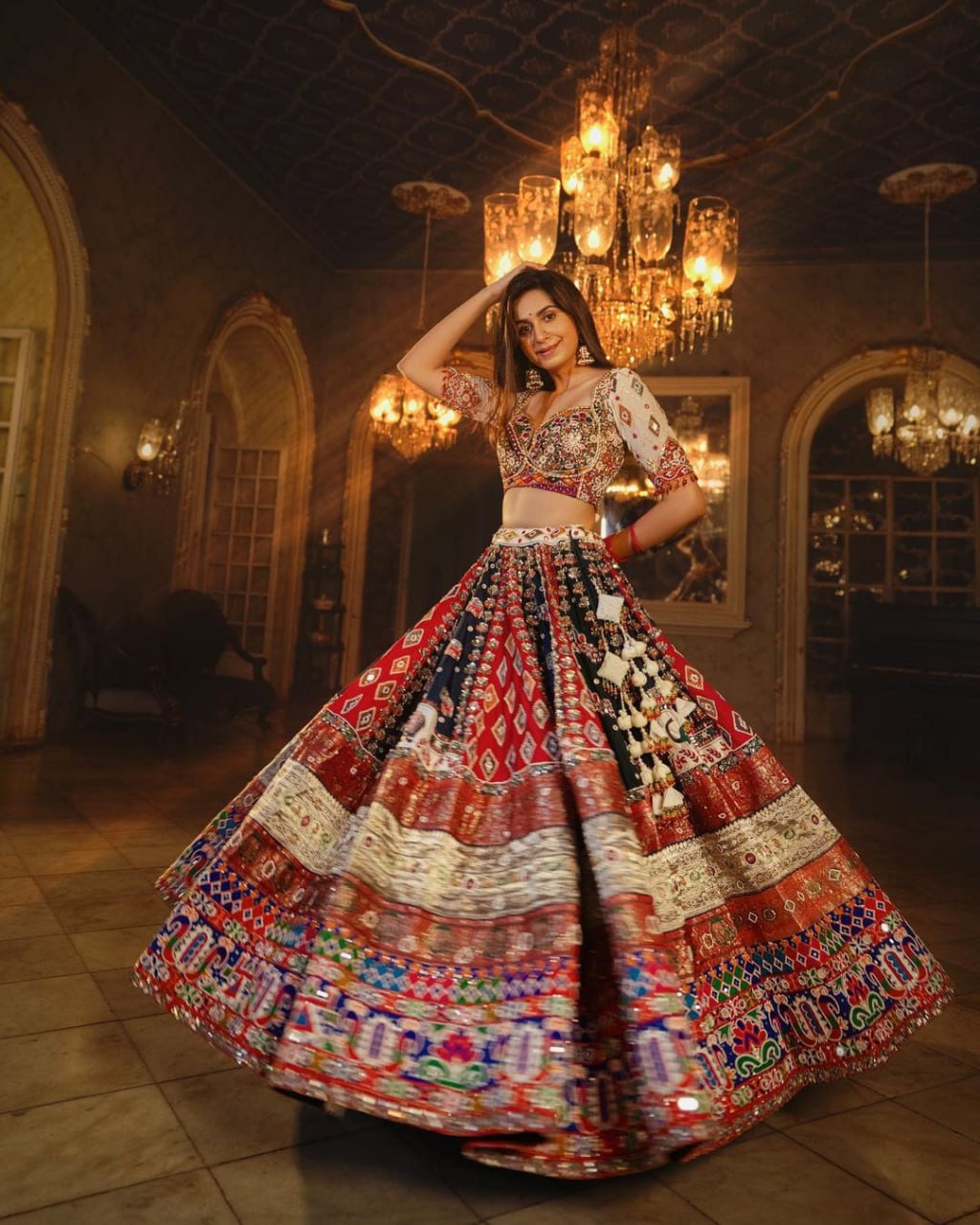 Off White Colour Fancy Digital Print Work And Real Mirror Work Navratri Lehenga Choli