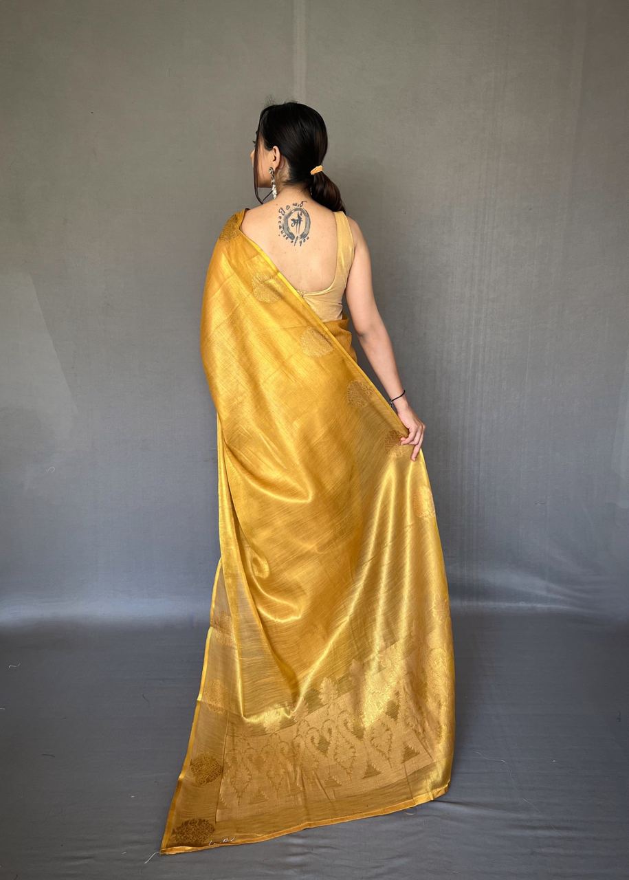 Yellow Gold Banarasi Tissue Silk Zari Woven Saree