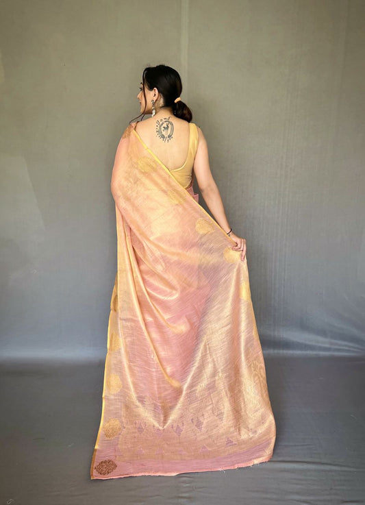 Baby Pink Banarasi Tissue Silk Zari Woven Saree