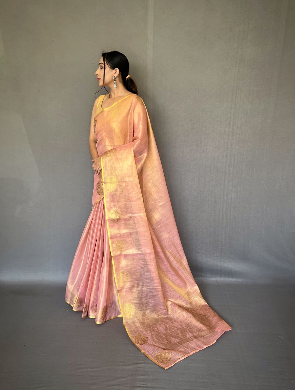 Baby Pink Banarasi Tissue Silk Zari Woven Saree