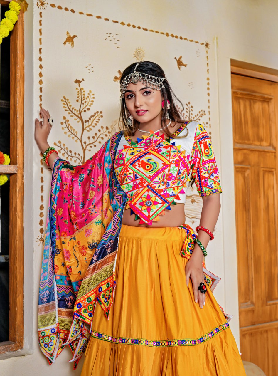 New Mustard Colour Three Tal Traditional Lahenga Choli