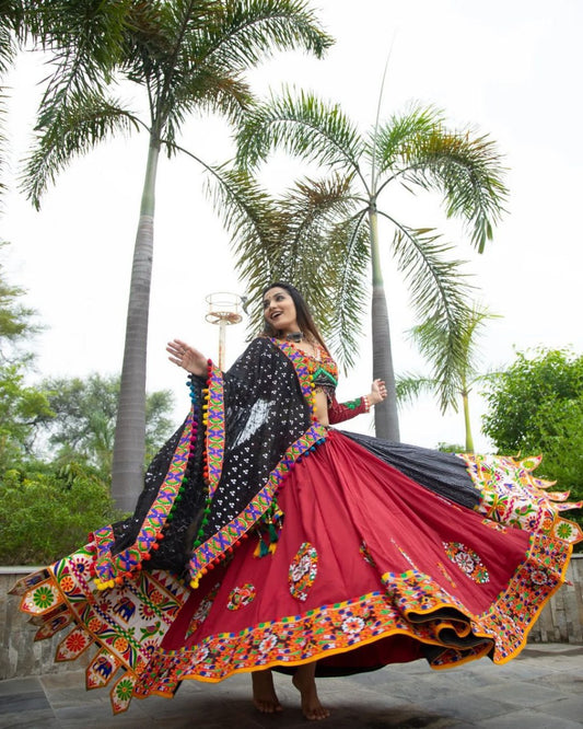 Red Colour Fancy Digital Print Work And Real Mirror Work Navratri Lehenga Choli